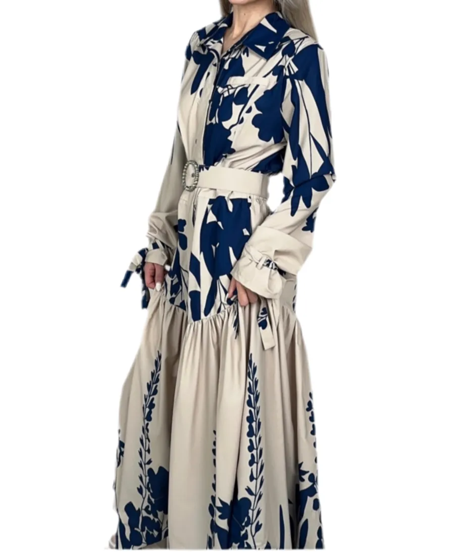 Blue Uneven Belted Maxi Dress