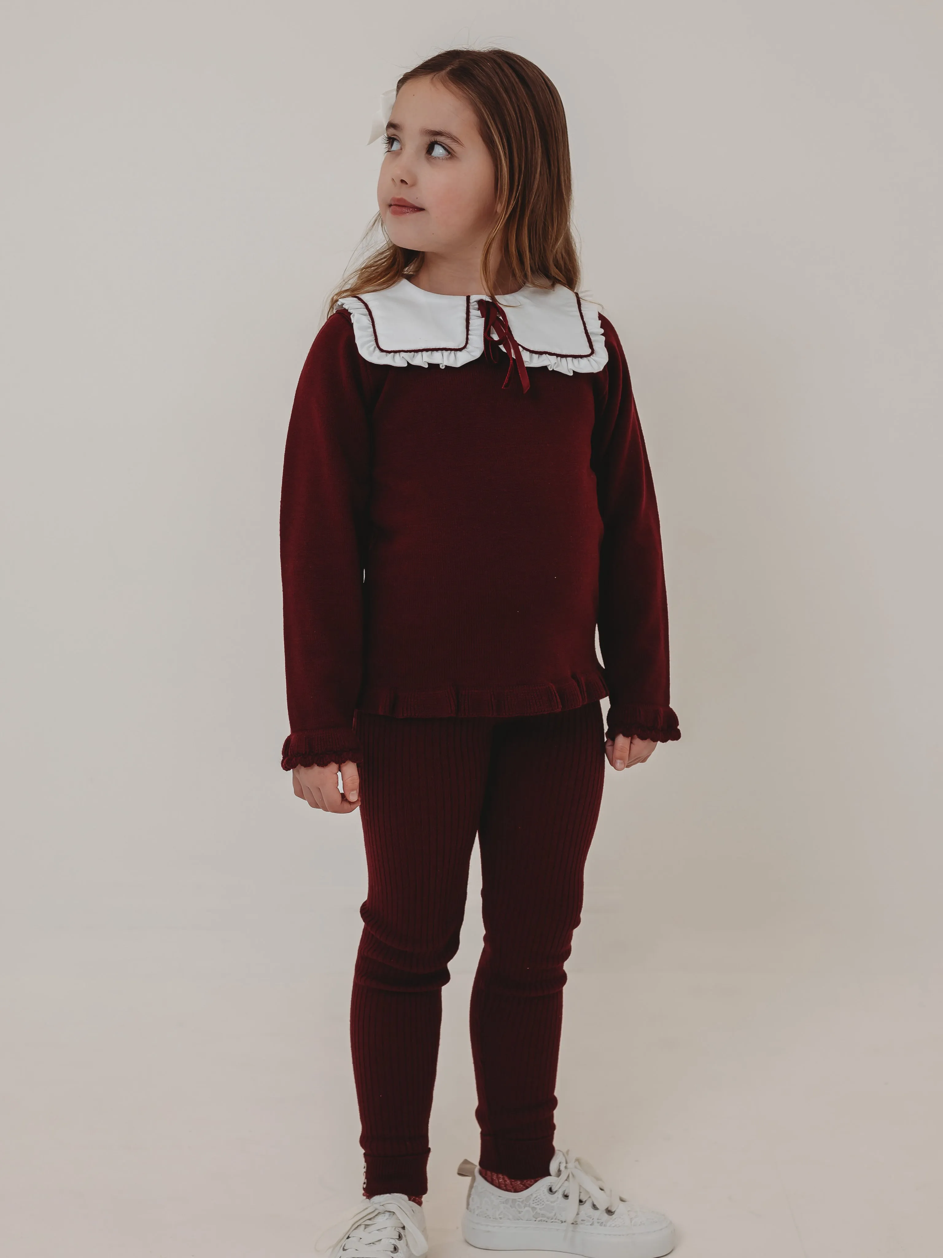 'Bonnie' burgundy knitted suit with bib collar