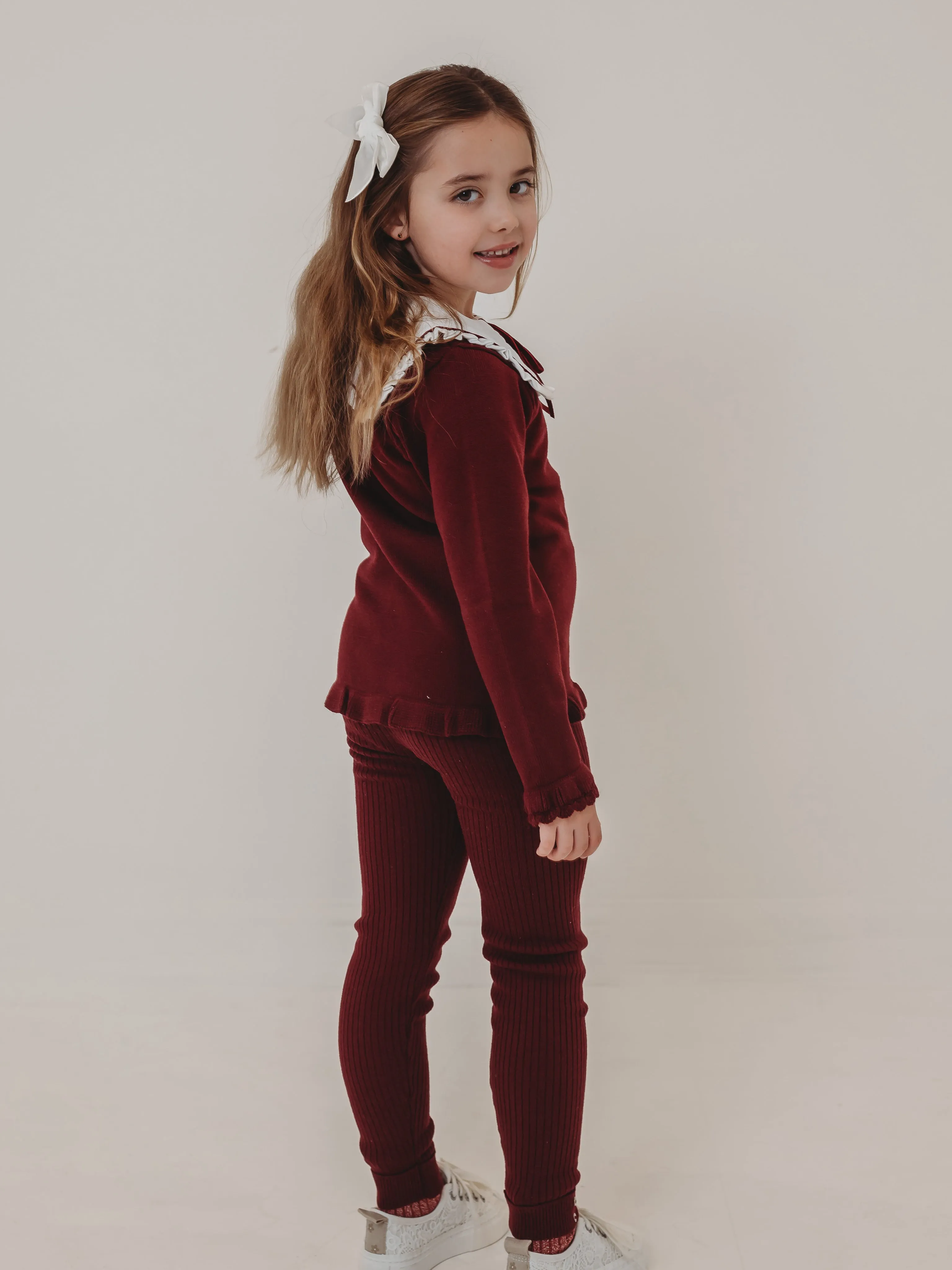'Bonnie' burgundy knitted suit with bib collar