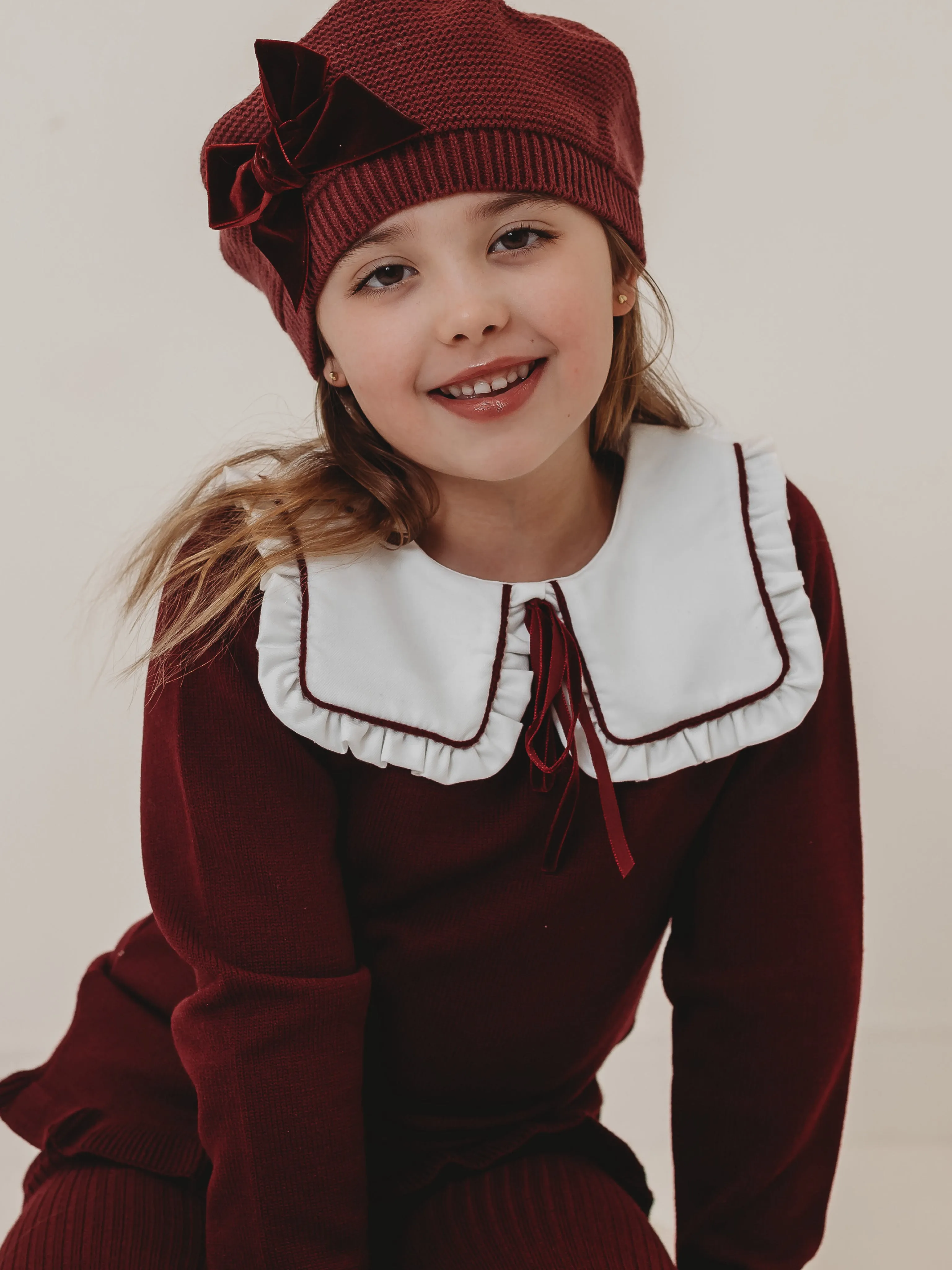 'Bonnie' burgundy knitted suit with bib collar