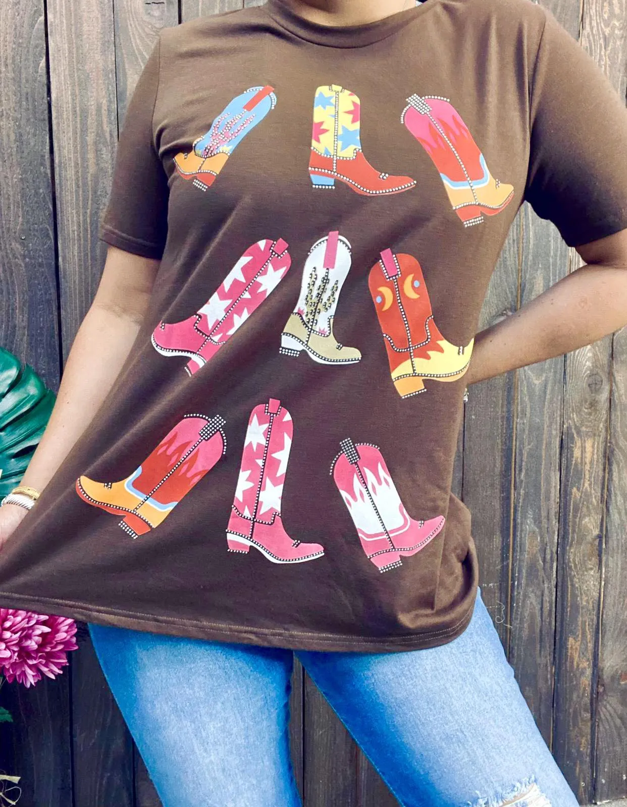 Brown Top with Colorful Cowgirl boots Bling trim