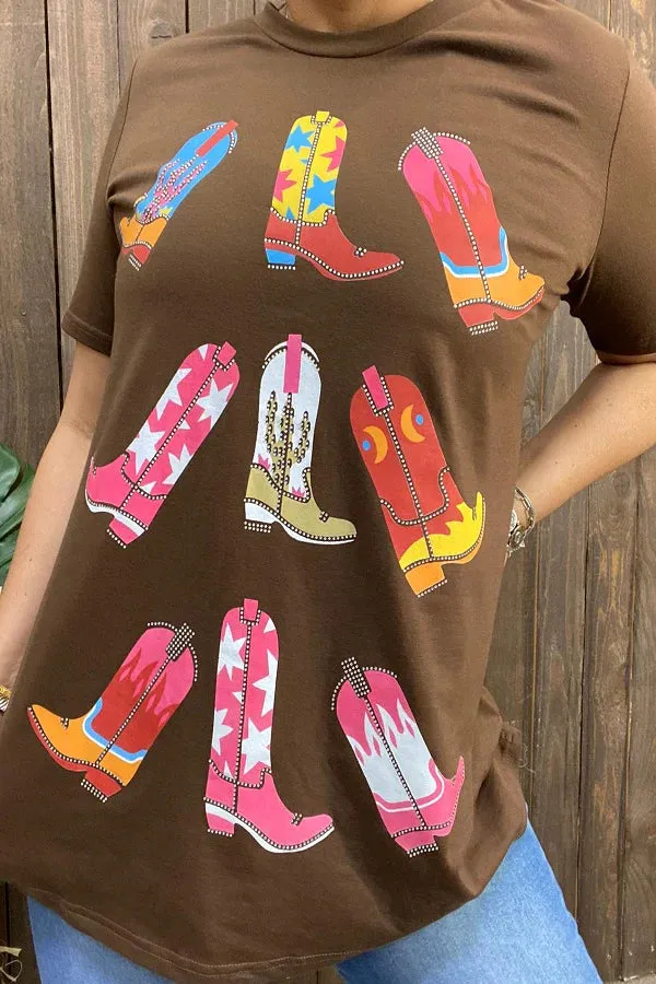 Brown Top with Colorful Cowgirl boots Bling trim