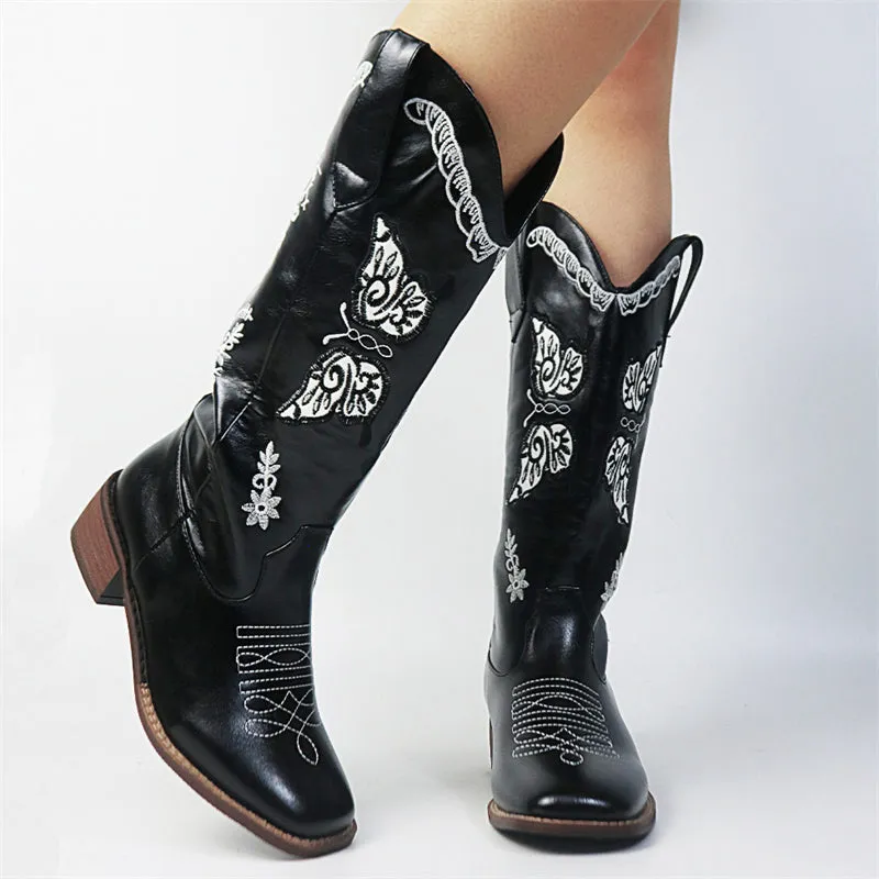 Butterflies Embroidered Chunky Heels Mid Calf Boots