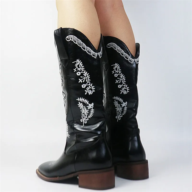Butterflies Embroidered Chunky Heels Mid Calf Boots