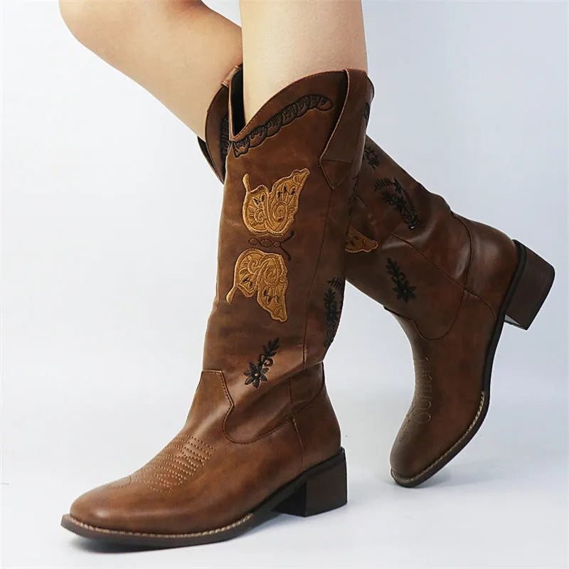 Butterflies Embroidered Chunky Heels Mid Calf Boots