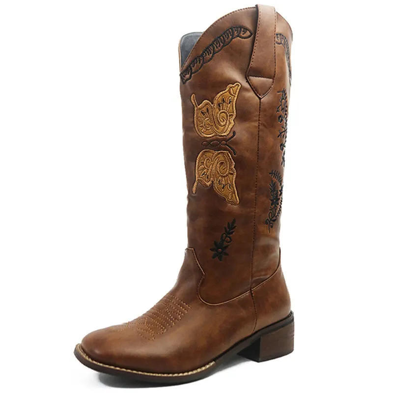 Butterflies Embroidered Chunky Heels Mid Calf Boots