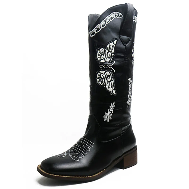 Butterflies Embroidered Chunky Heels Mid Calf Boots