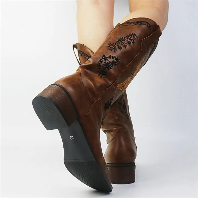 Butterflies Embroidered Chunky Heels Mid Calf Boots