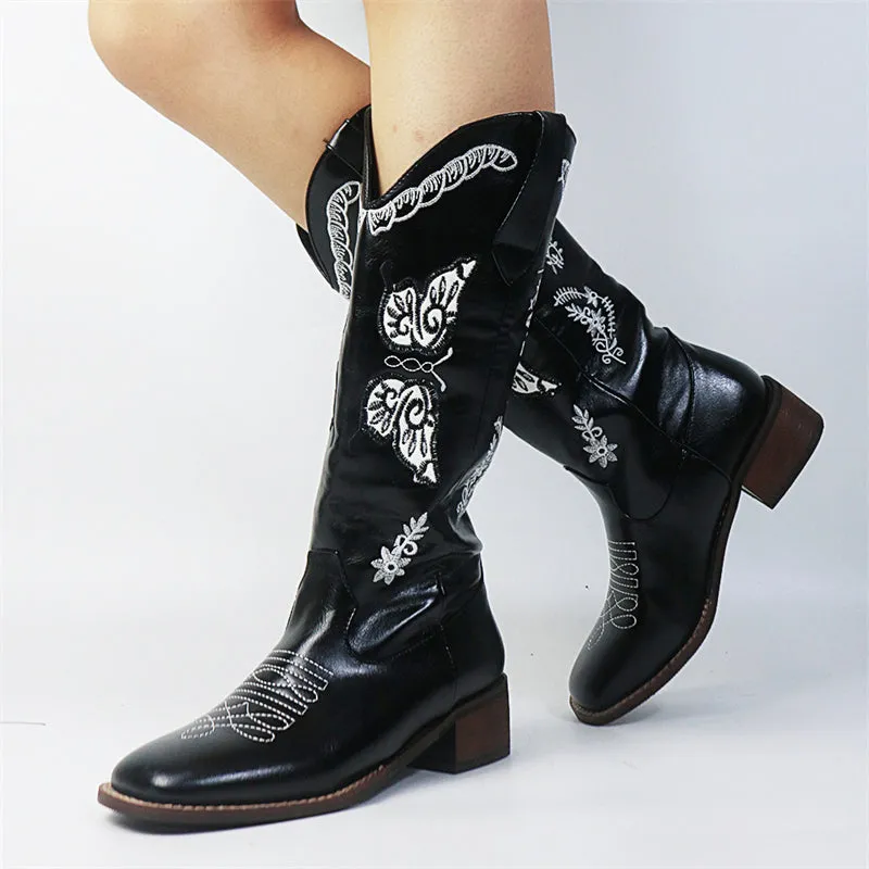 Butterflies Embroidered Chunky Heels Mid Calf Boots