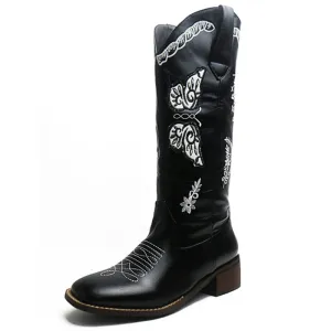 Butterflies Embroidered Chunky Heels Mid Calf Boots