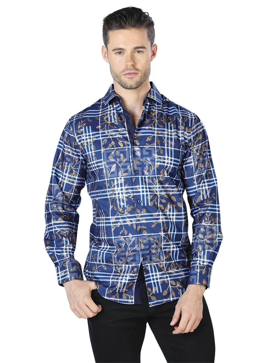 Camisa Casual Manga Larga Estampada Azul/Oro para Hombre 'El Señor de los Cielos' - ID: 44020