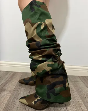 Camo wedge knee high boots
