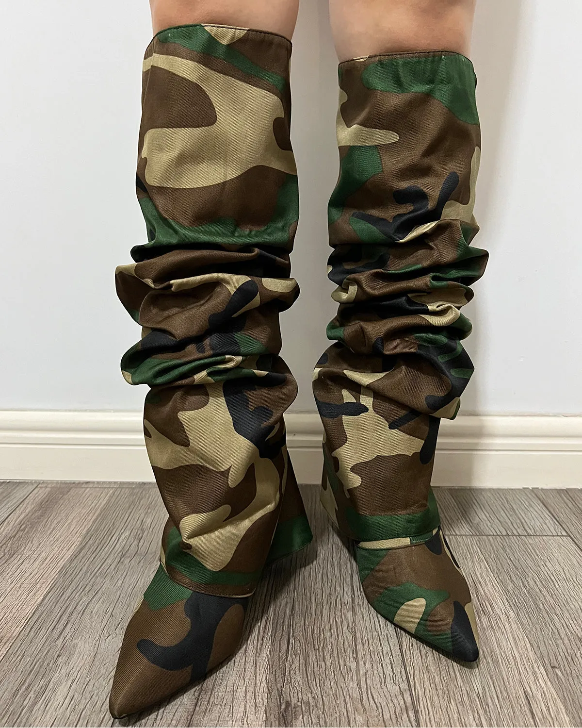 Camo wedge knee high boots