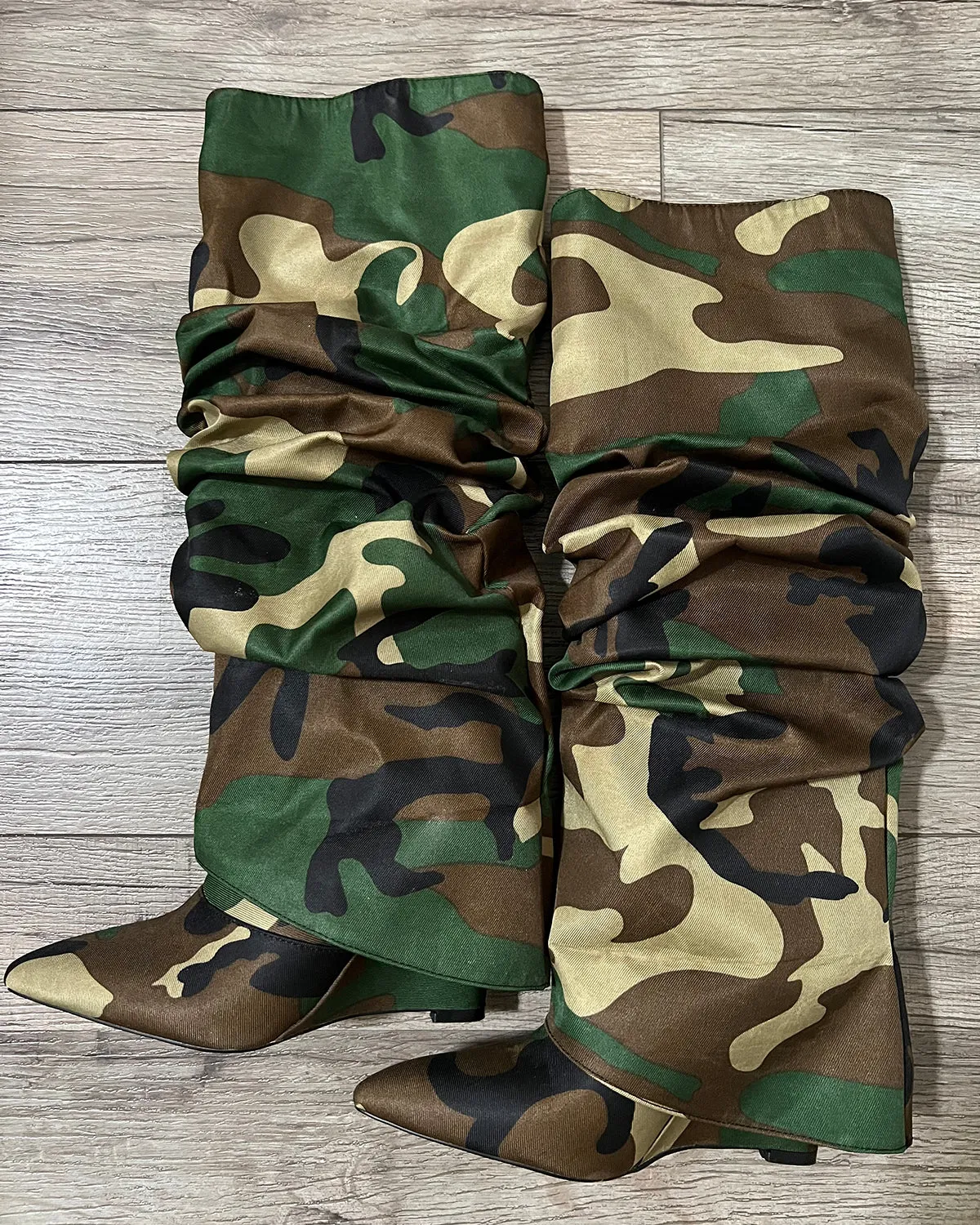 Camo wedge knee high boots
