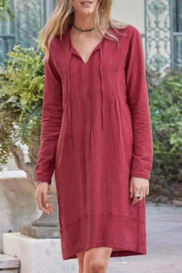 Casual Solid Patchwork Frenulum V Neck Dresses(5 Colors)