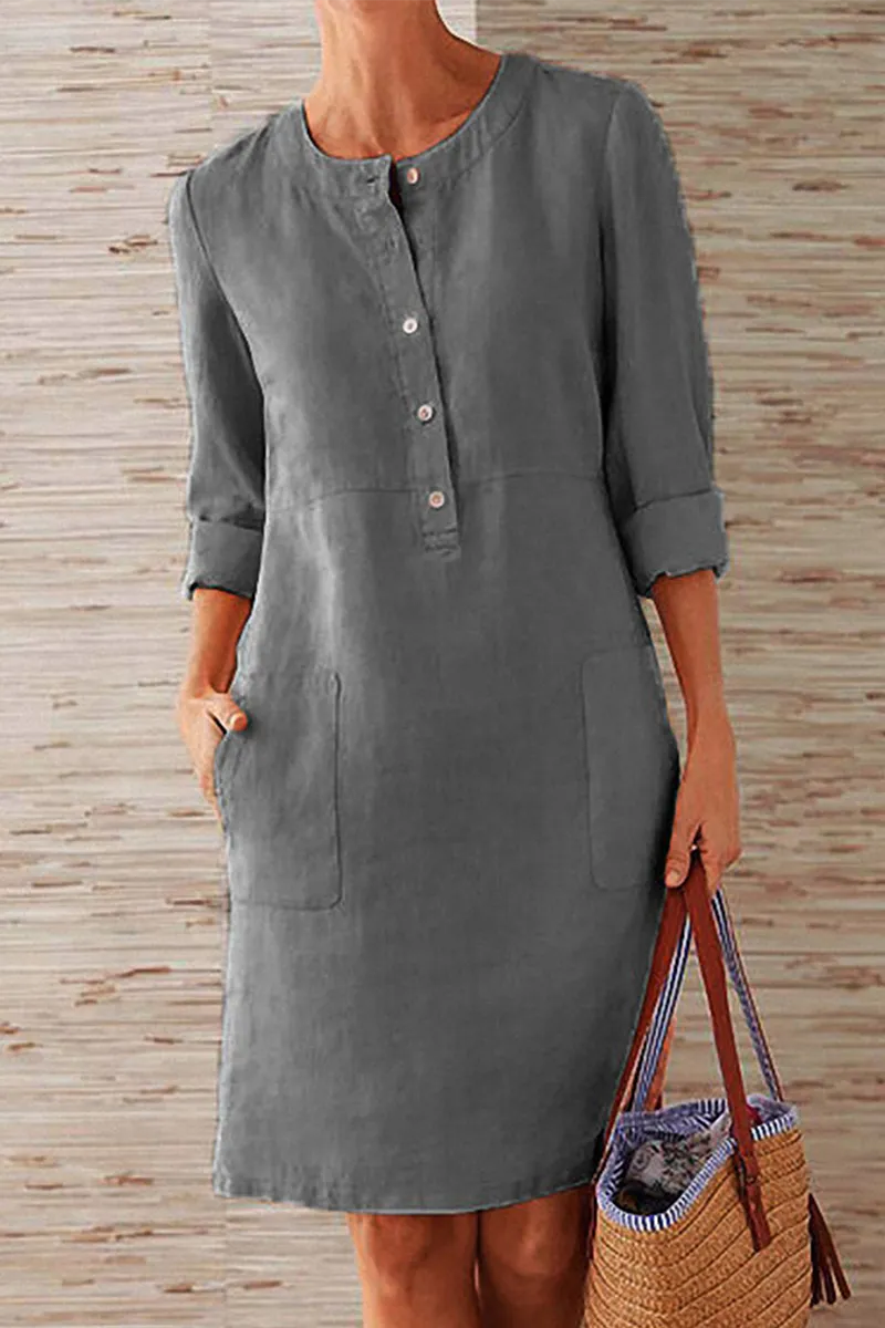Casual Solid Pocket Buckle O Neck Long Sleeve Dresses(6 Colors)