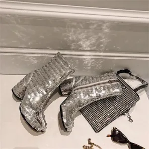 Chic Tabi Boots Women Luxury High Heels Botas Mujer Winter Sequin Ankle Boots Bling Botas Feminina Top Quality