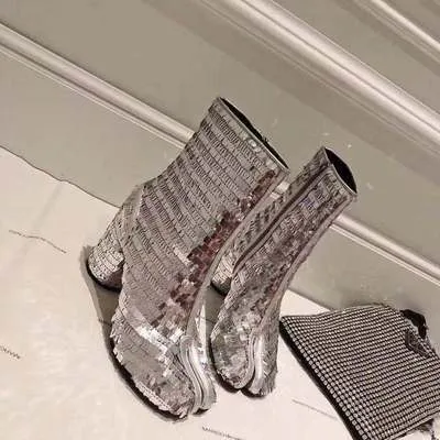 Chic Tabi Boots Women Luxury High Heels Botas Mujer Winter Sequin Ankle Boots Bling Botas Feminina Top Quality