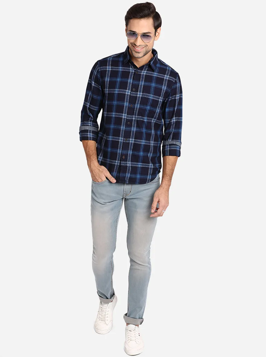 Dark Blue Checked Slim Fit Semi Casual Shirt | Greenfibre