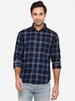 Dark Blue Checked Slim Fit Semi Casual Shirt | Greenfibre