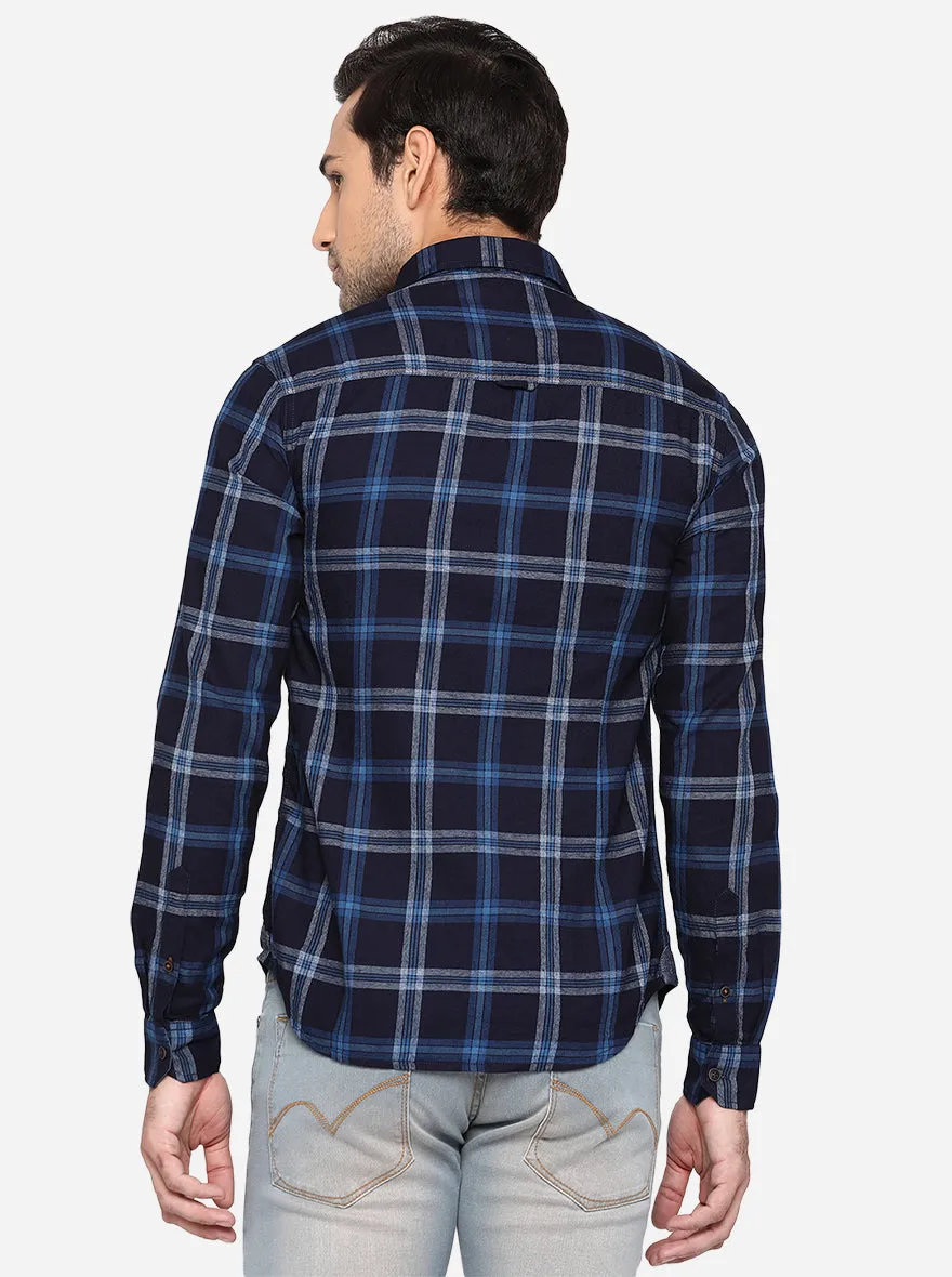 Dark Blue Checked Slim Fit Semi Casual Shirt | Greenfibre