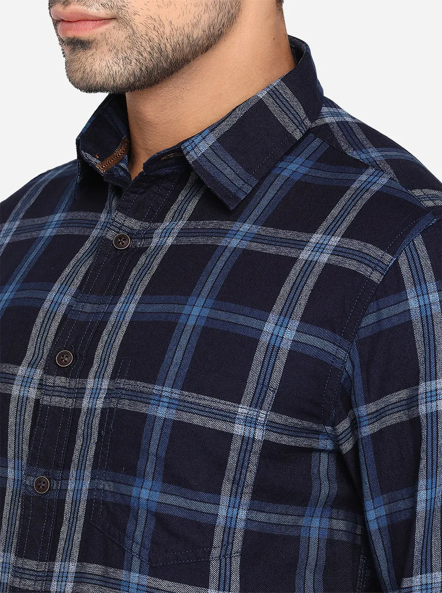 Dark Blue Checked Slim Fit Semi Casual Shirt | Greenfibre