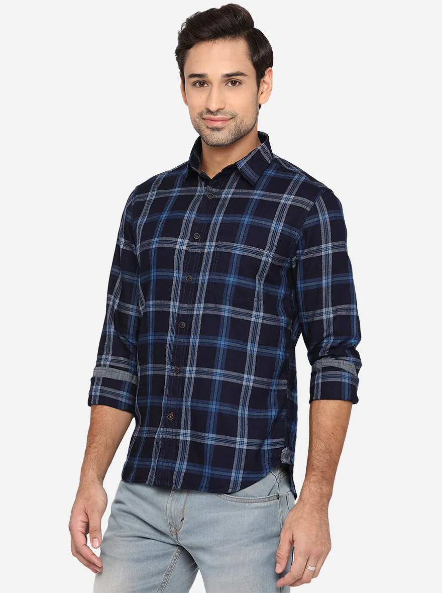 Dark Blue Checked Slim Fit Semi Casual Shirt | Greenfibre