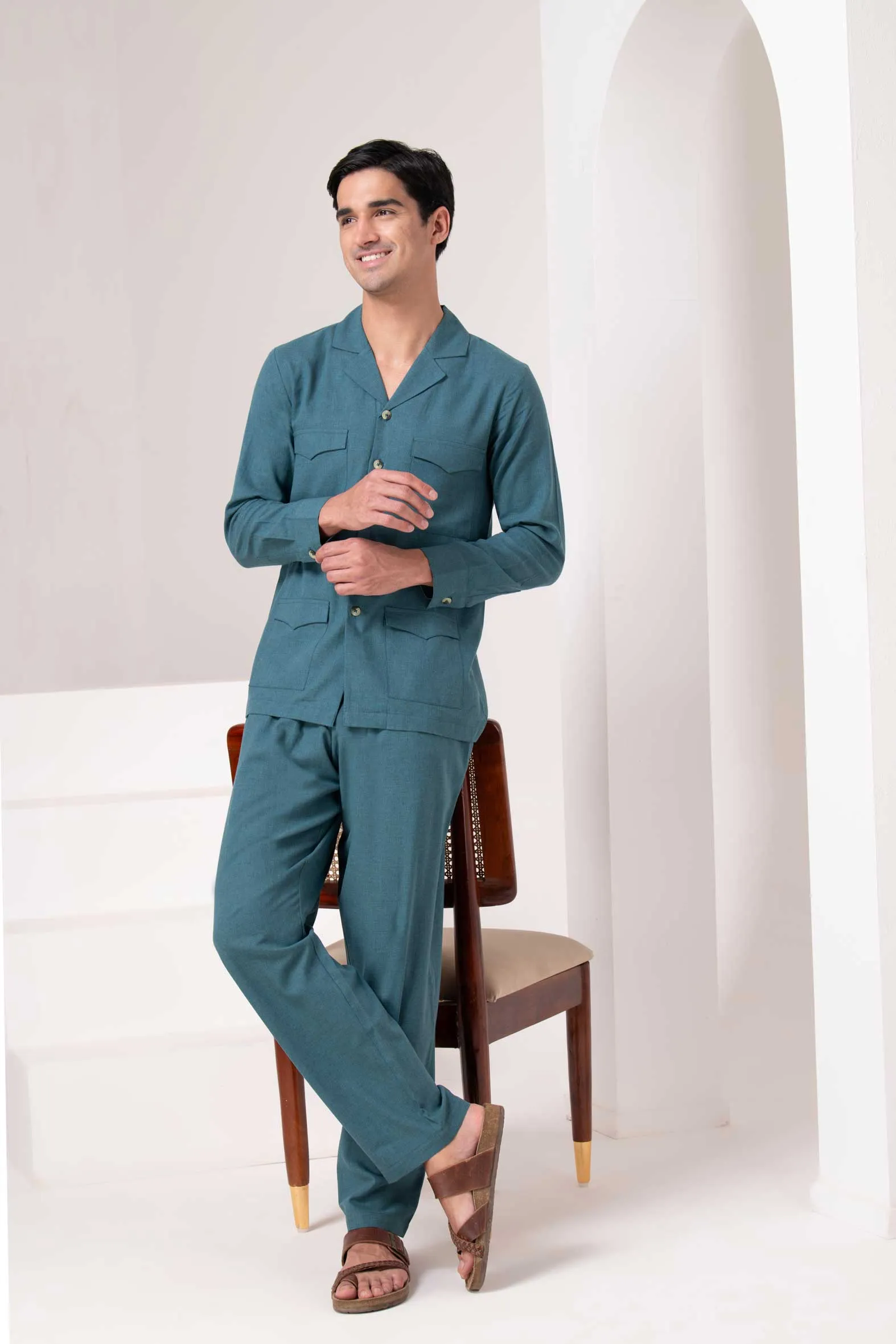 Deep Teal Cuban Collar Co-ord Set