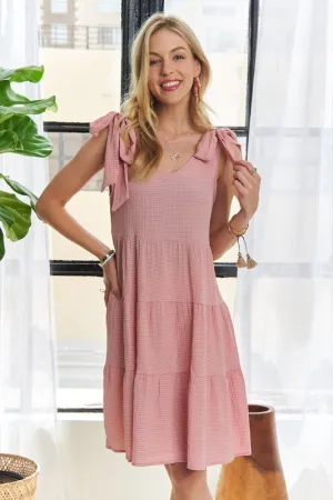 Dusty Pink V-Neck Tie Shoulder Dress