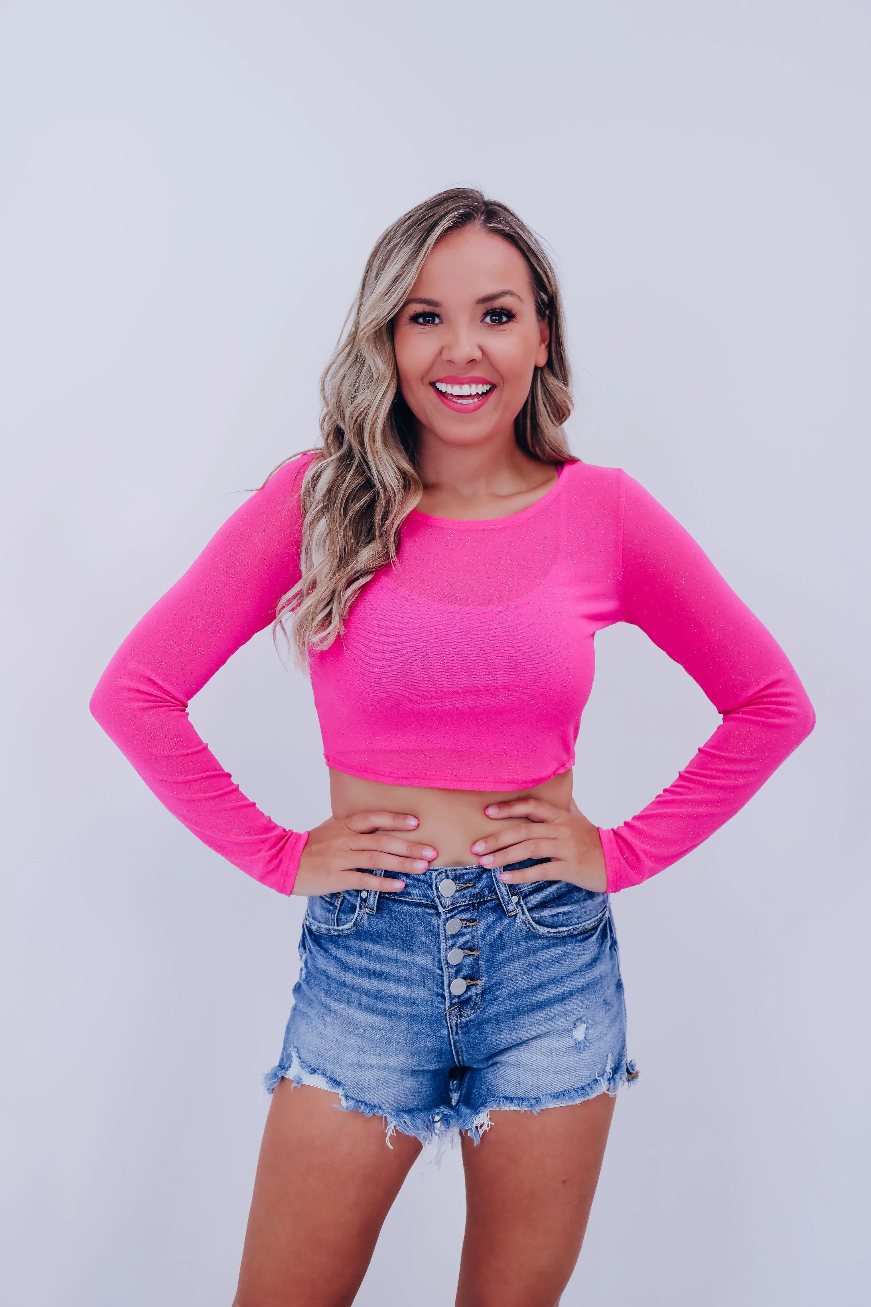 Glitter Mesh Crop Top - Pink