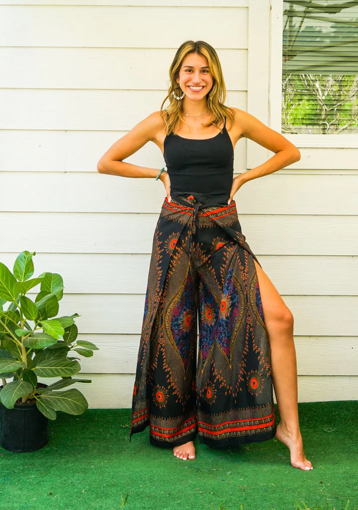 Golden Feather Peacock Palazzo Wrap Pants