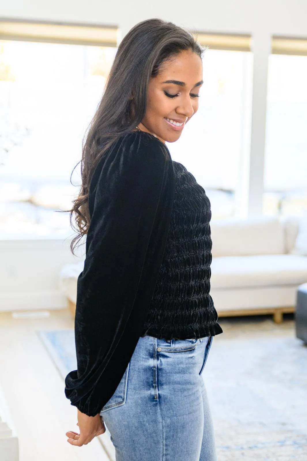 Hazel Blues® | Believe In Miracles Smocked Velvet Top In Black