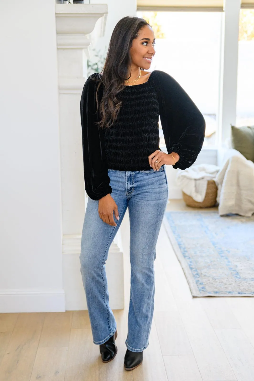 Hazel Blues® | Believe In Miracles Smocked Velvet Top In Black