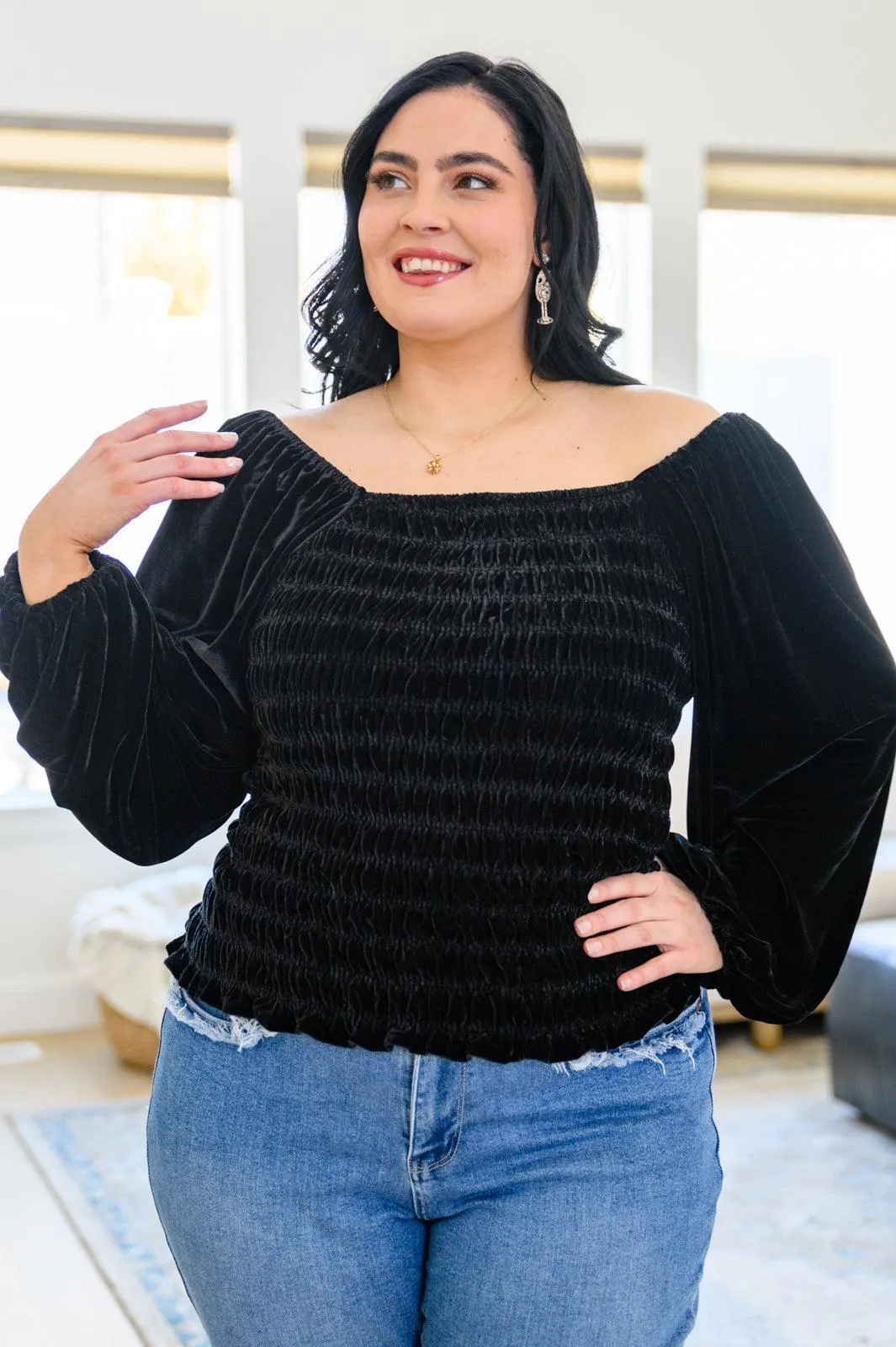 Hazel Blues® | Believe In Miracles Smocked Velvet Top In Black