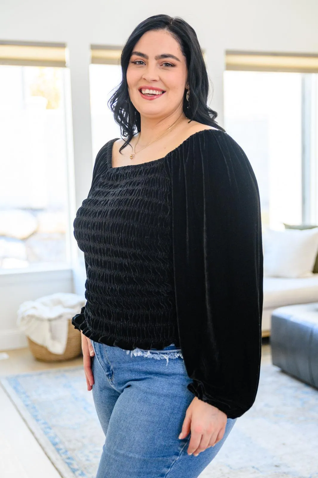 Hazel Blues® | Believe In Miracles Smocked Velvet Top In Black