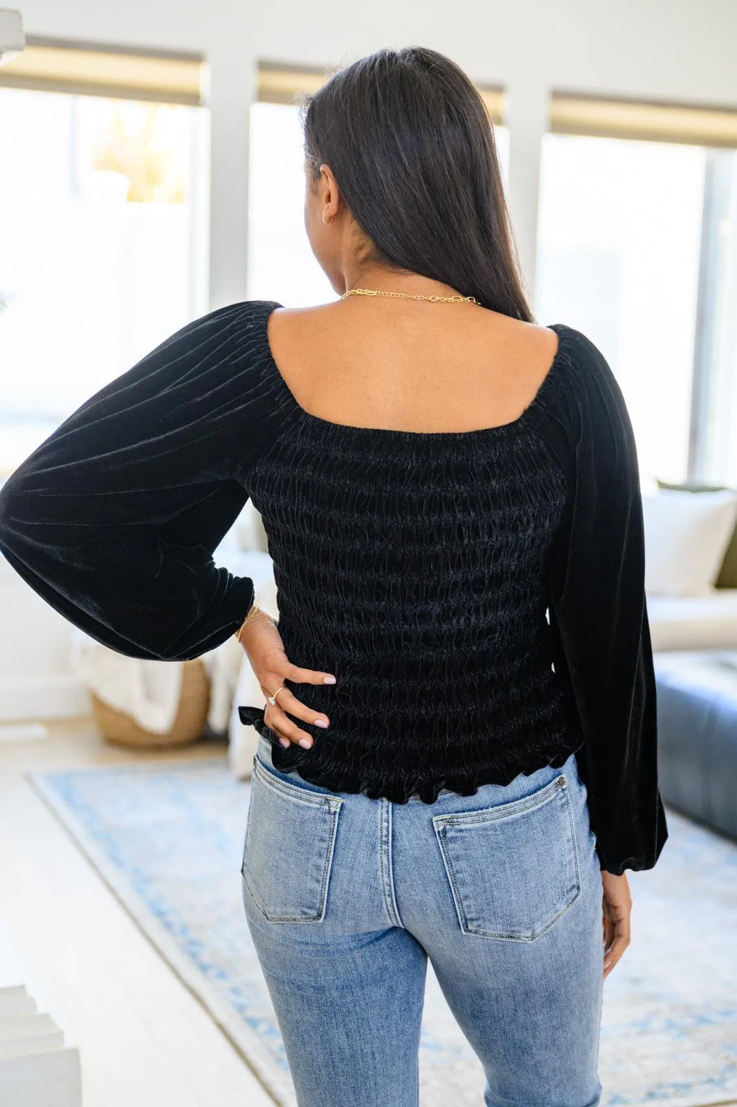 Hazel Blues® | Believe In Miracles Smocked Velvet Top In Black