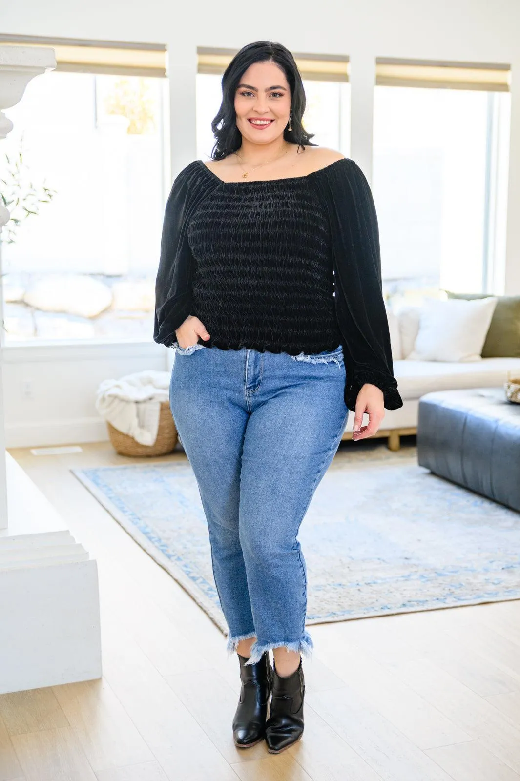 Hazel Blues® | Believe In Miracles Smocked Velvet Top In Black