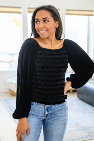 Hazel Blues® | Believe In Miracles Smocked Velvet Top In Black