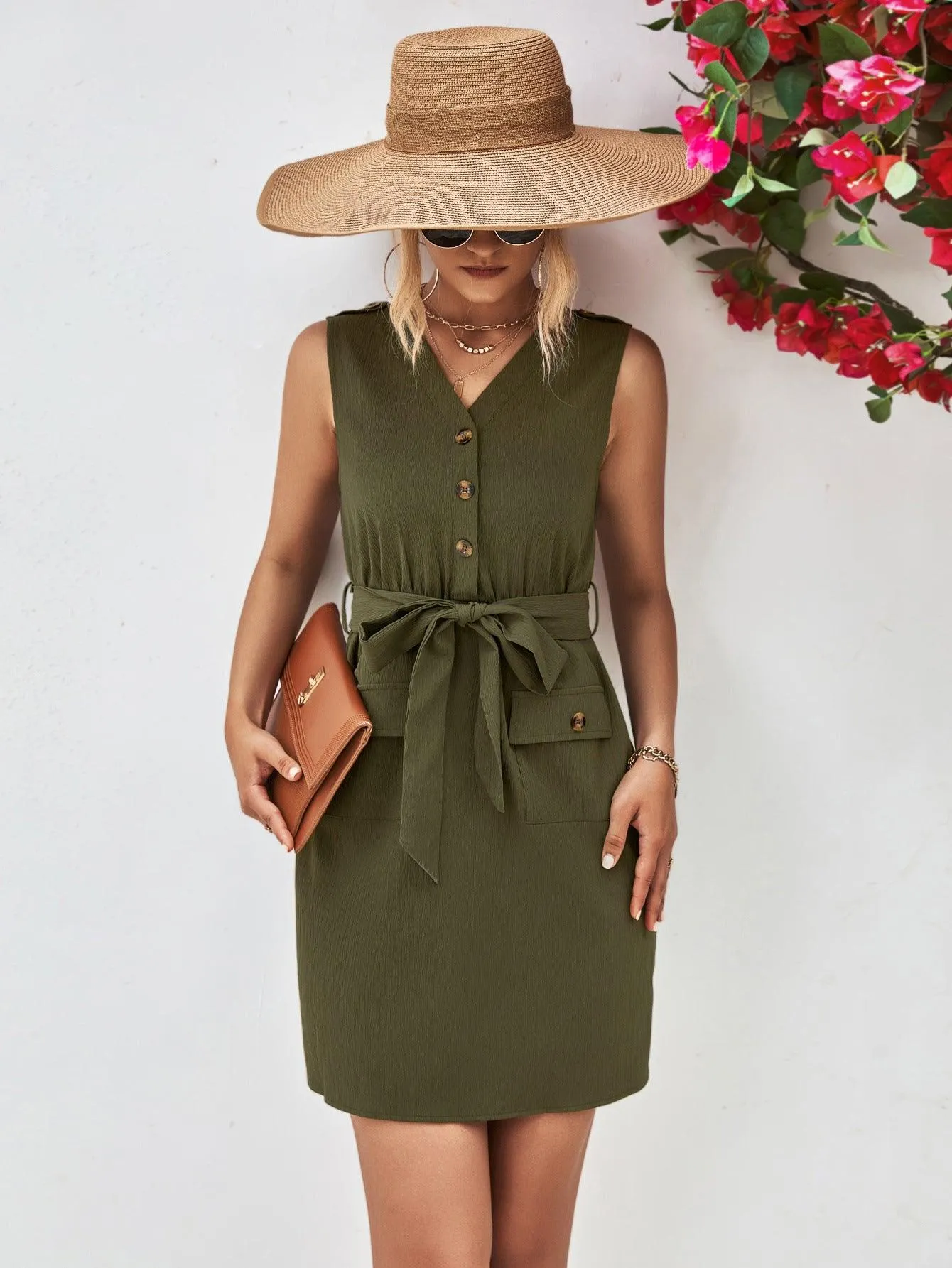 Hazel Blues® |  Buttoned V-Neck Belted Sleeveless Dress