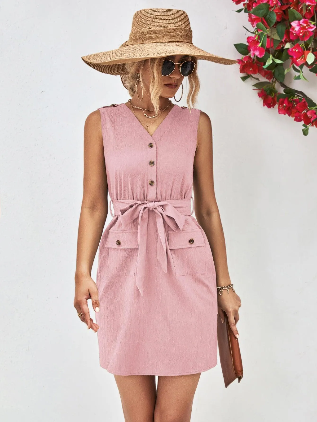 Hazel Blues® |  Buttoned V-Neck Belted Sleeveless Dress