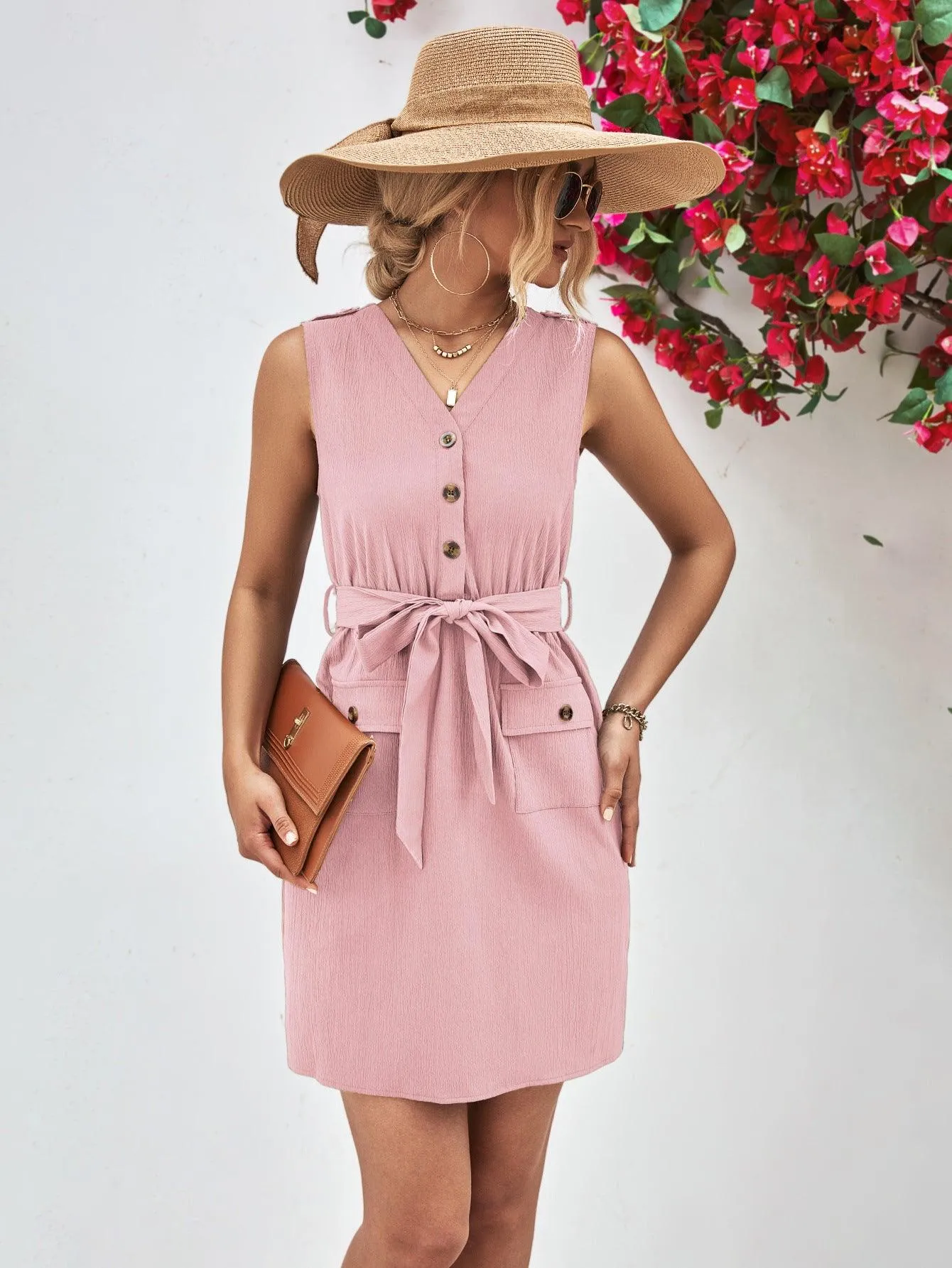 Hazel Blues® |  Buttoned V-Neck Belted Sleeveless Dress