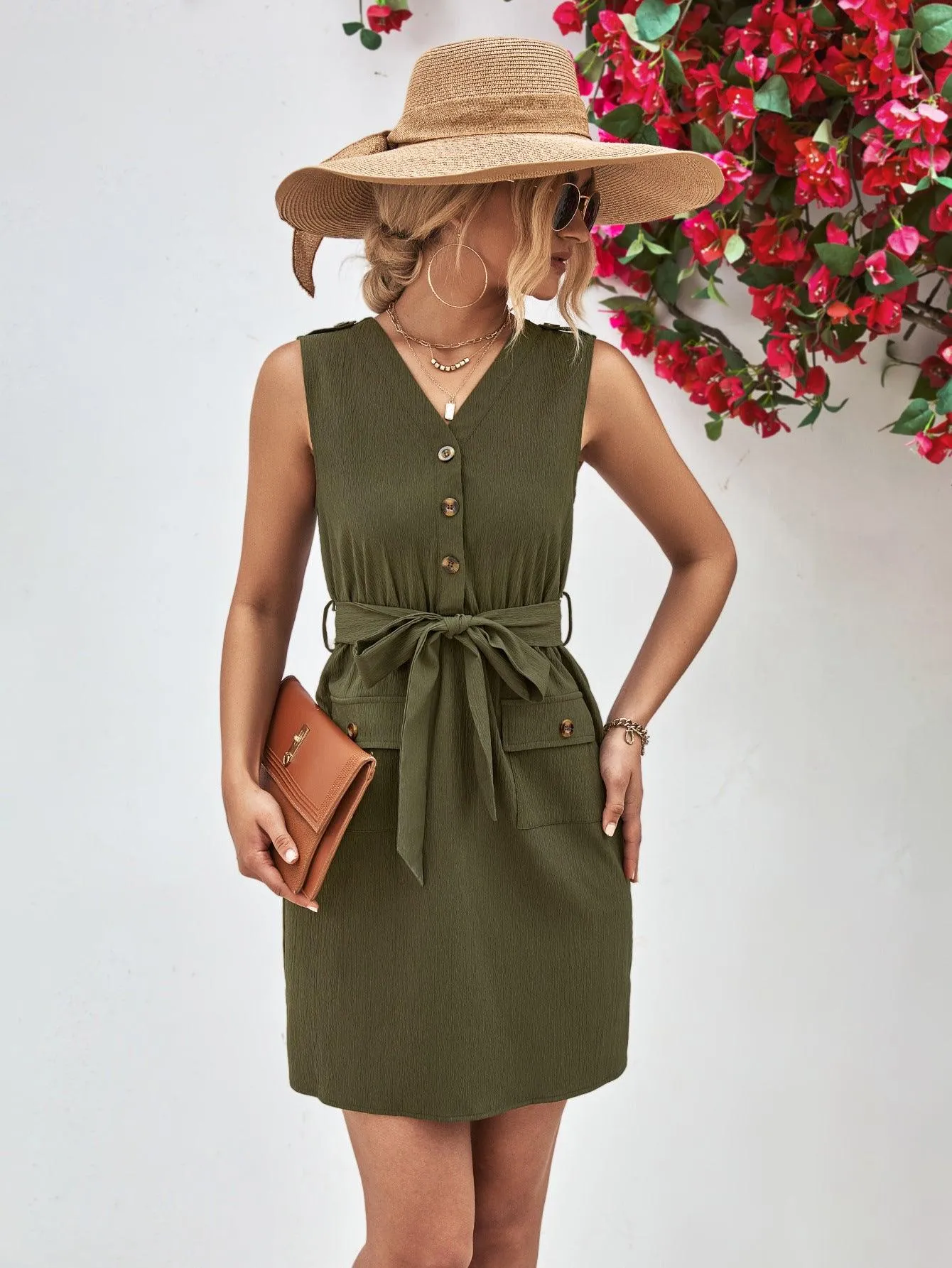 Hazel Blues® |  Buttoned V-Neck Belted Sleeveless Dress