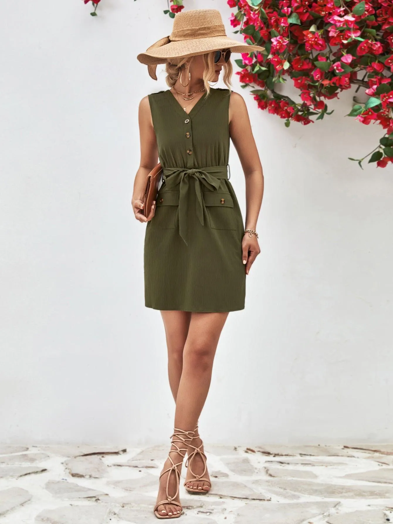 Hazel Blues® |  Buttoned V-Neck Belted Sleeveless Dress