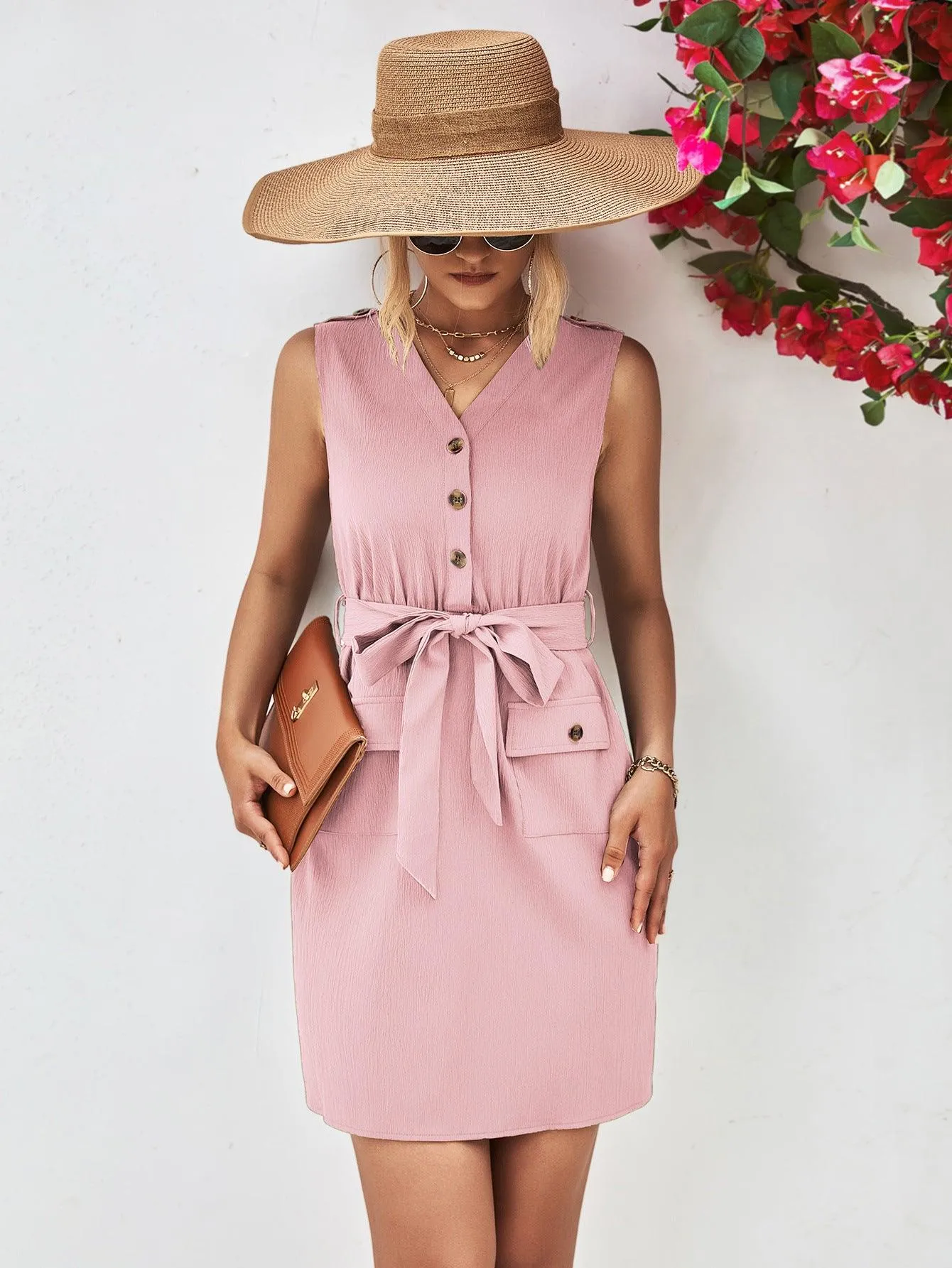 Hazel Blues® |  Buttoned V-Neck Belted Sleeveless Dress