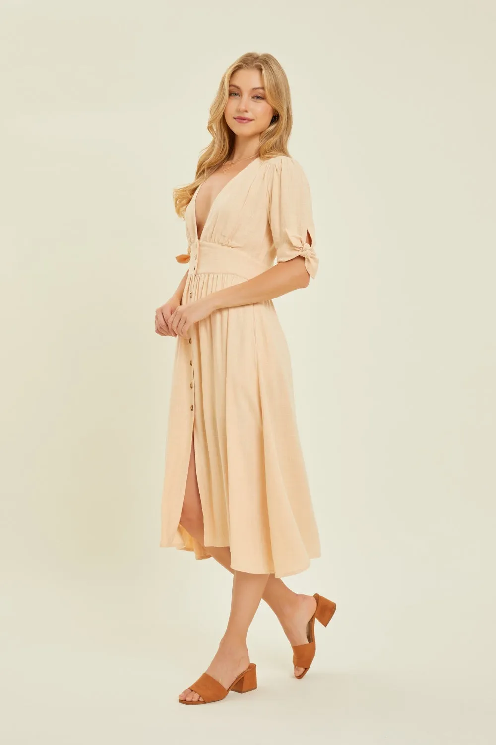 Hazel Blues® |  HEYSON Textured Linen V-Neck Button-Down Midi Dress