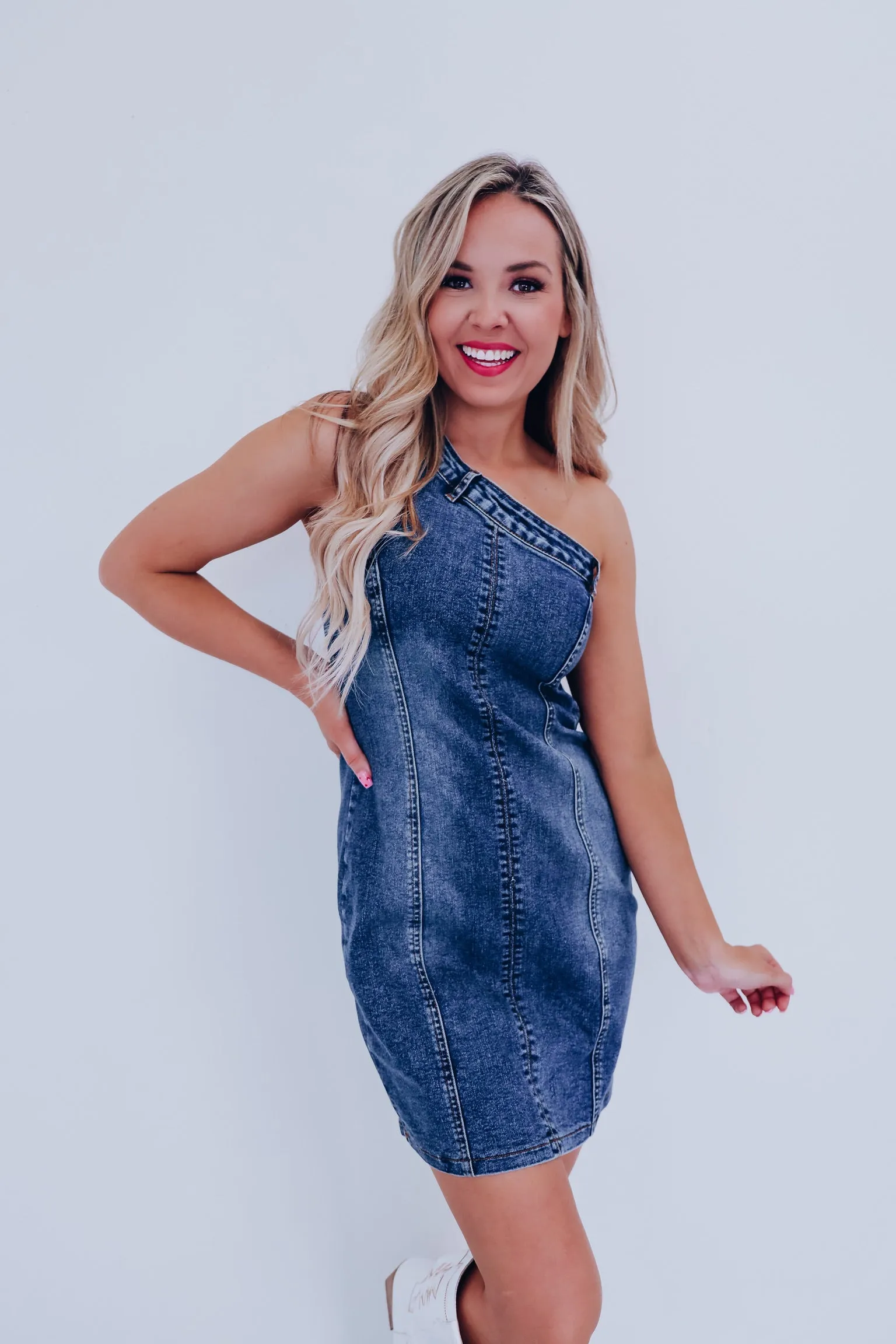 Jeana One Shoulder Denim Dress