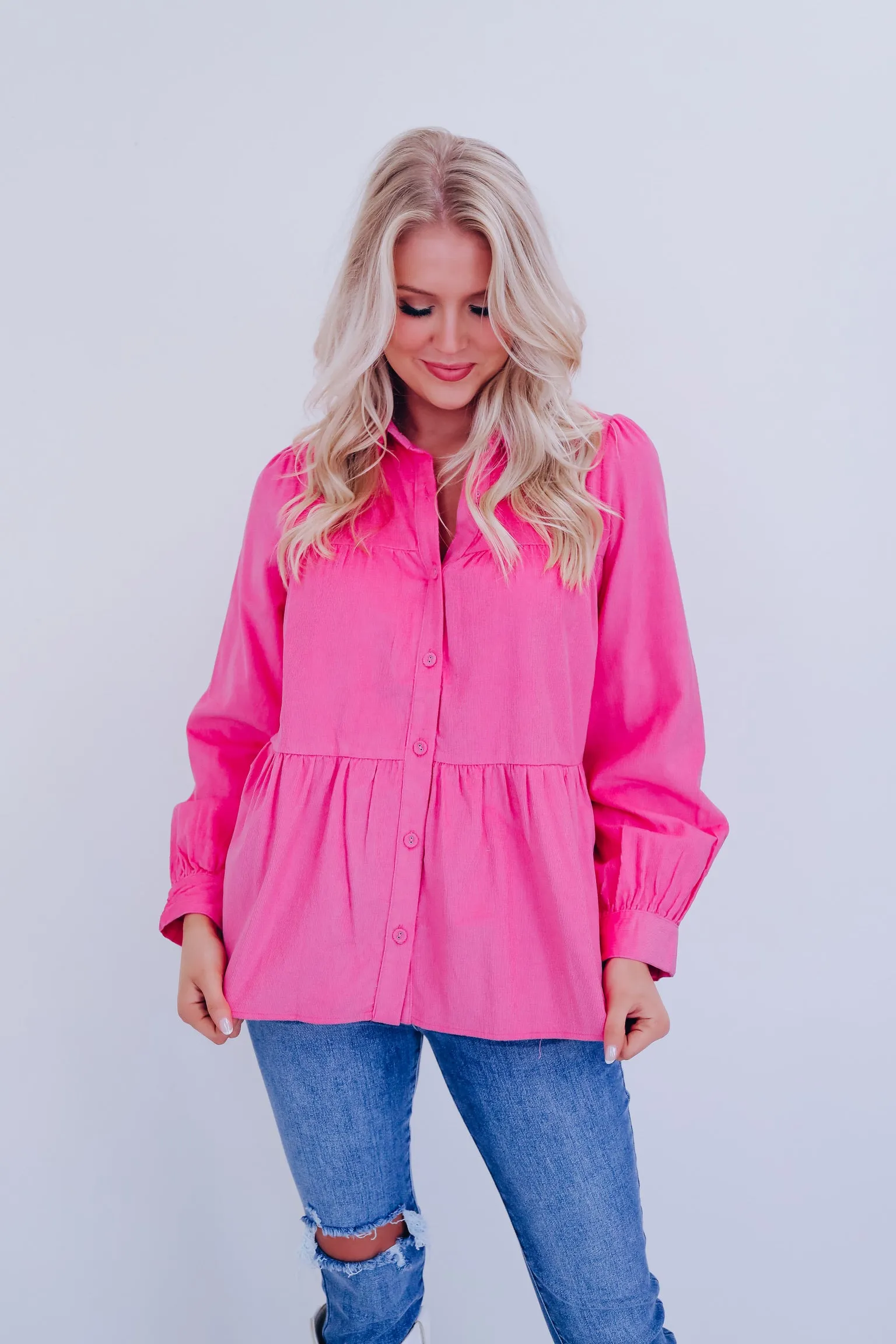 Kendra Micro Corduroy Baby Doll Top - Pink