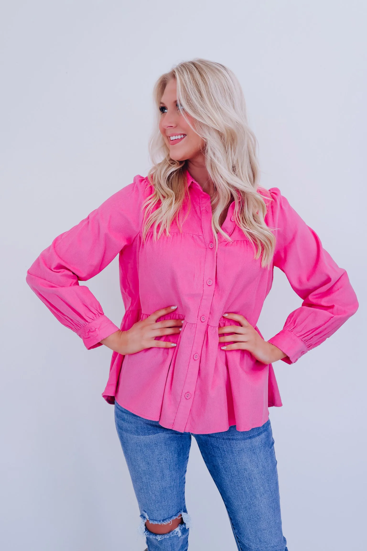 Kendra Micro Corduroy Baby Doll Top - Pink