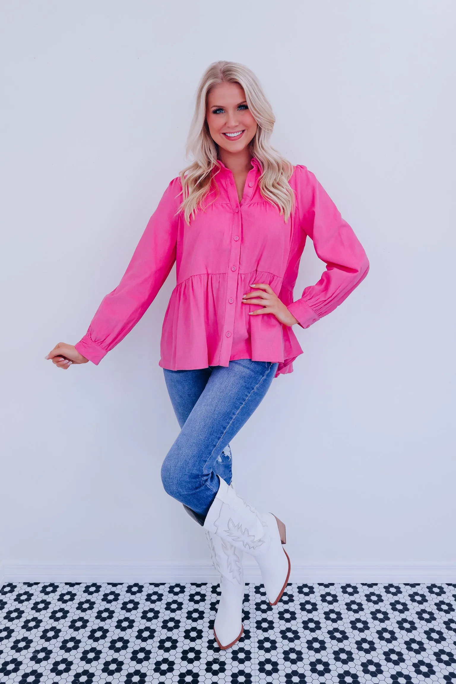 Kendra Micro Corduroy Baby Doll Top - Pink