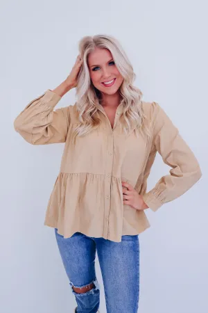 Kendra Micro Corduroy Baby Doll Top - Taupe